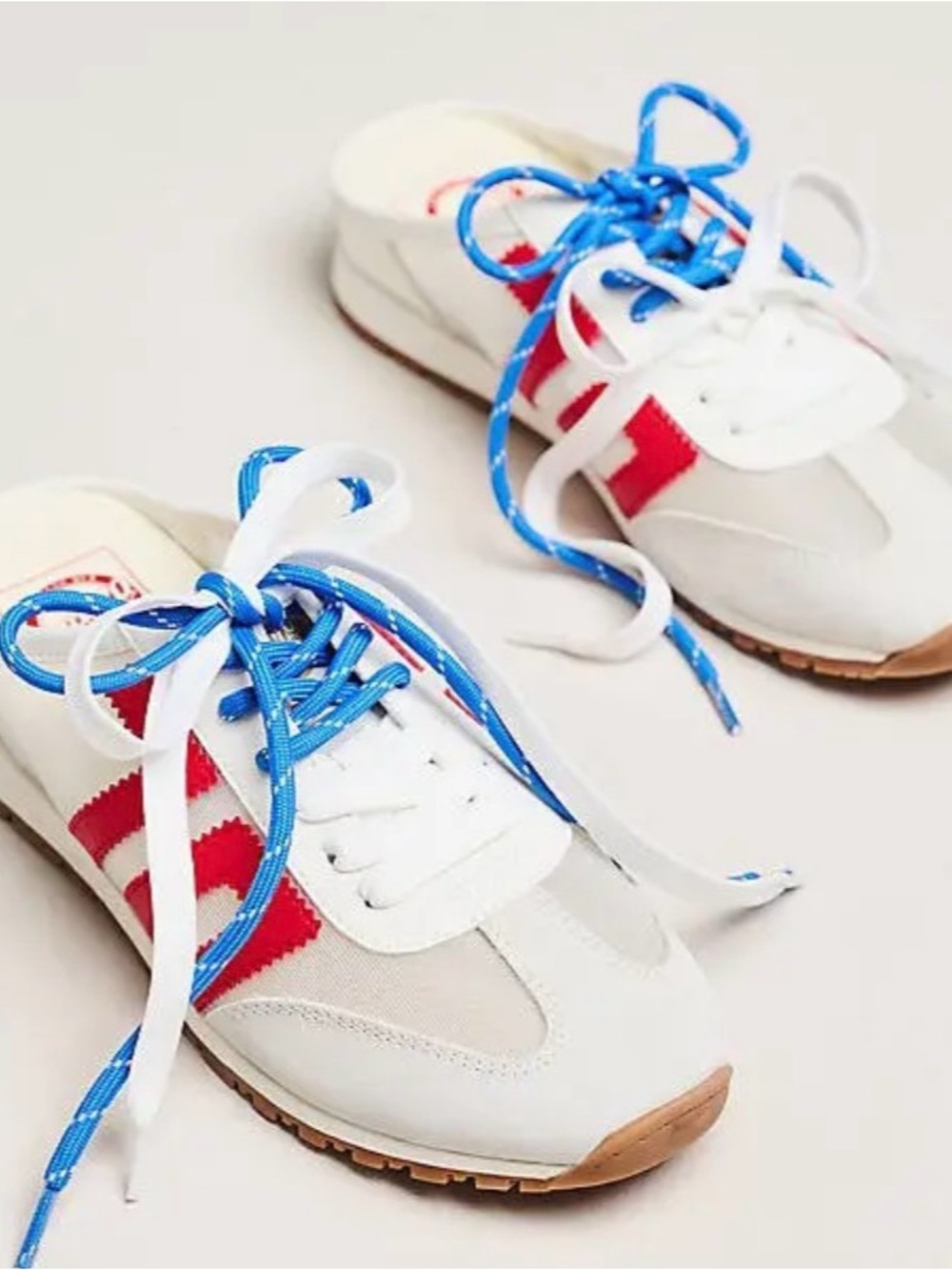 White Sneakers with Red Accent and Blue Laces